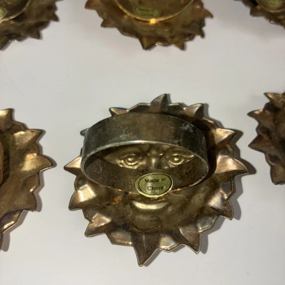 Napkin Rings Celestial Sun Face Brass‎ Tone Metal Set Of 8 Vintage